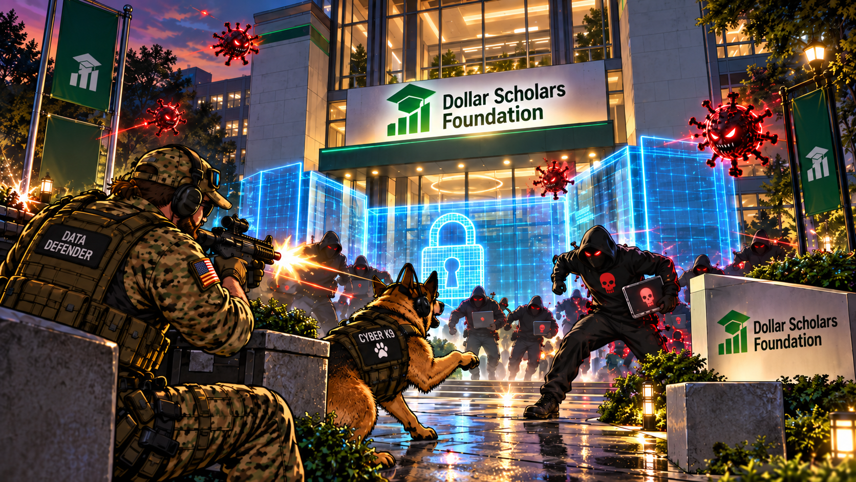Data Dog and Data Man protect Dollar Scholars data